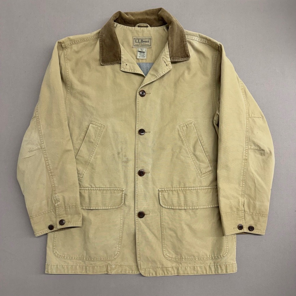 LL Bean Mens Original Field Coat Tan Cotton Canvas Chore Jacket Large Corduroy‎